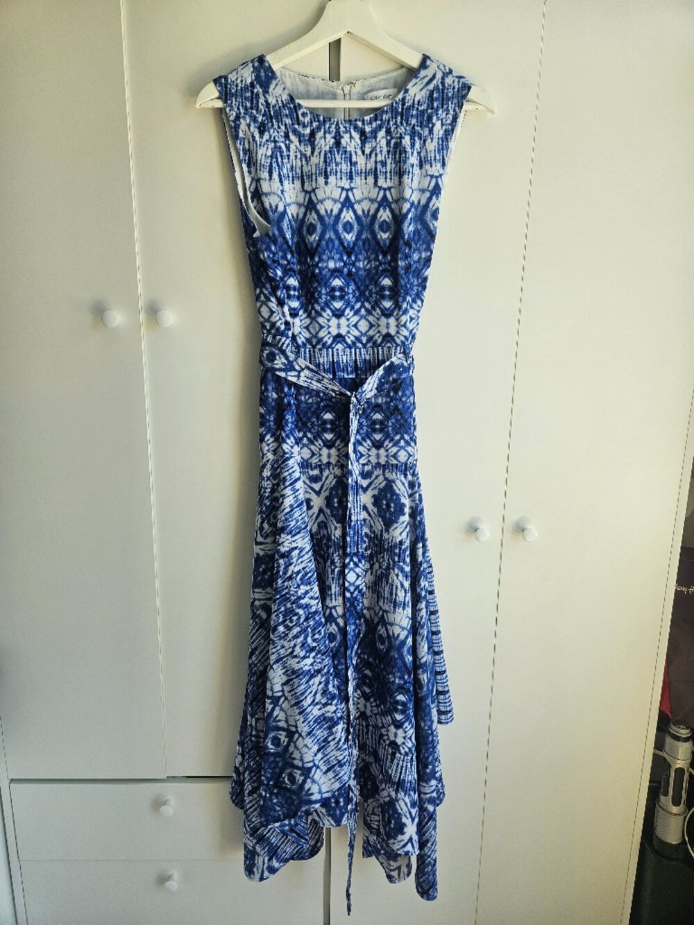 Calvin Klein Handkerchief Hem Dress Blue White Print Size 10